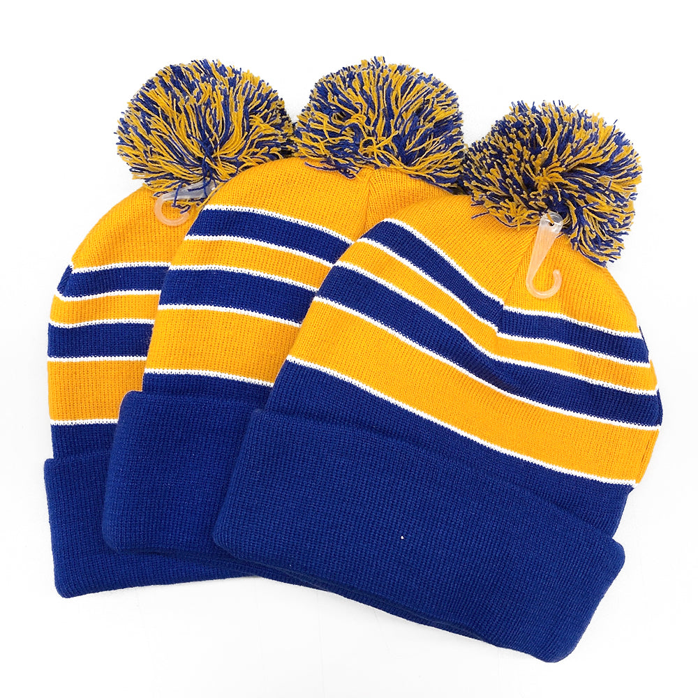 Pom Pom Beanies Trendy Winter Hats - White Gold Royal Blue