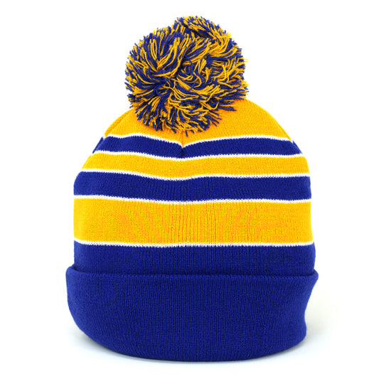 Pom Pom Beanies Trendy Winter Hats - White Gold Royal Blue